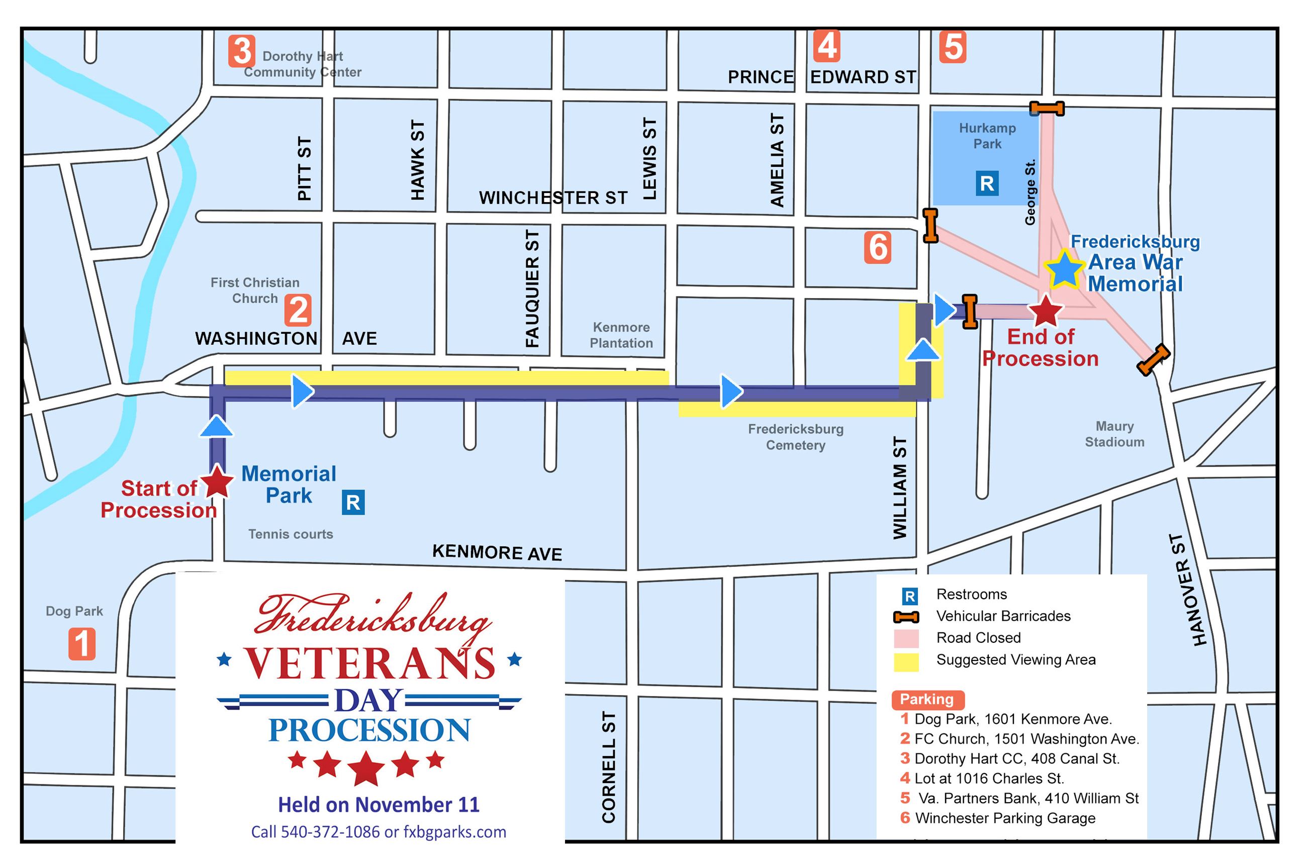 Map of the Veterans Day procession route from Memorial Park to the Fredericksburg Area War Memorial.